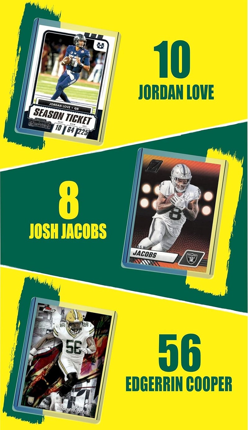 Chaser Green Bay Packers Cards: Jordan Love, Josh Jacobs, Jayden Reed, Ahman Green, Brett Favre, Aaron Rodgers, Christian Watson, Edgerrin Cooper, Romeo Doubs ASSORTED Football Stars & GOATs Trading Card & Wristbands Gift Pack - Image 3